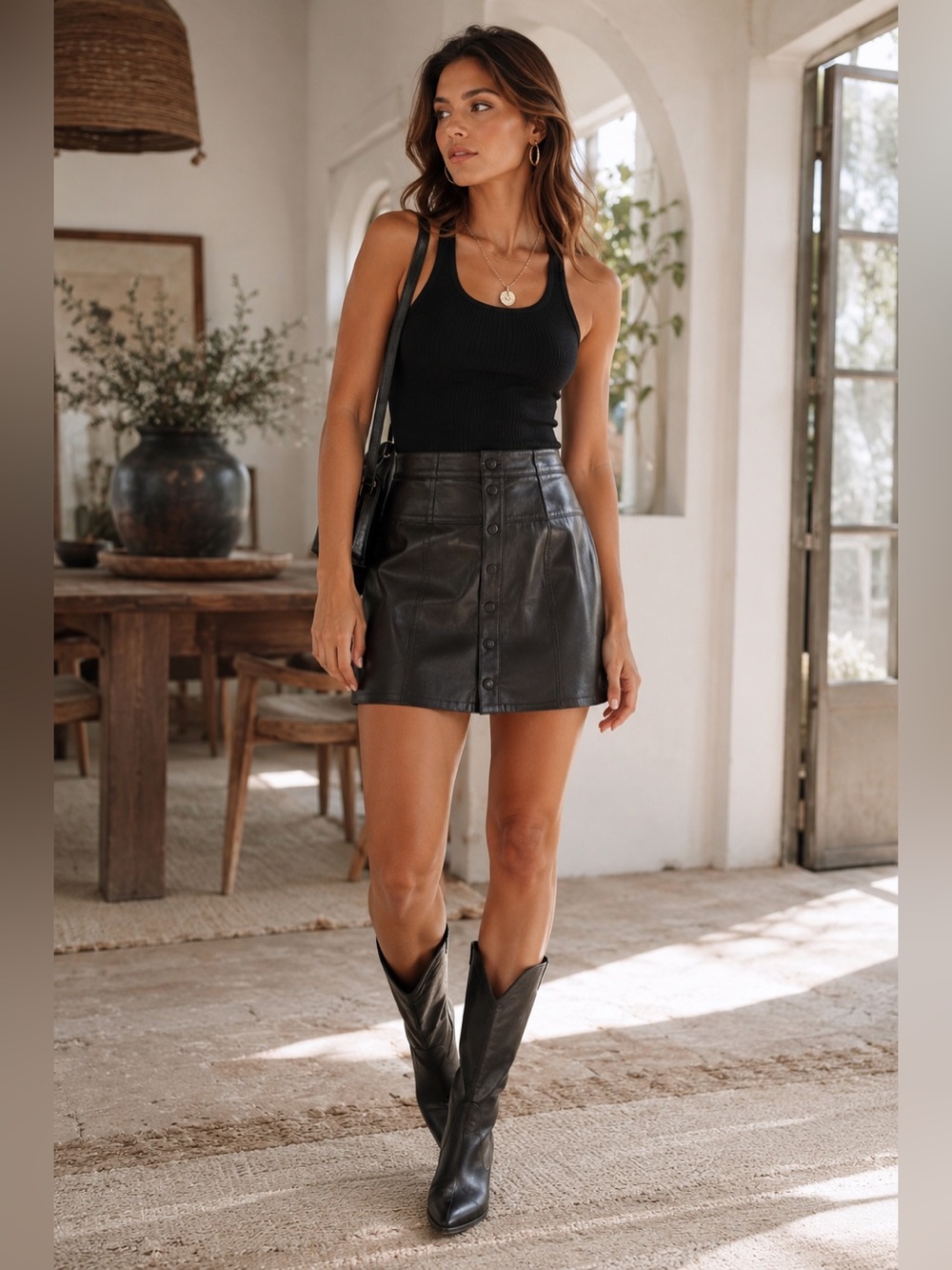 FREE PEOPLE Black Faux Leather Mini Skirt Size 2 Snap Front